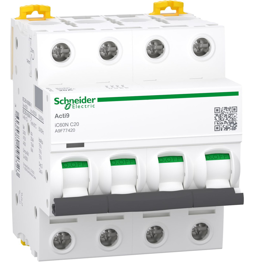 Disjoncteur modulaire miniature, 4P, 20 A, courbe C, 6000 A, 10 kA Acti9 iC60N
